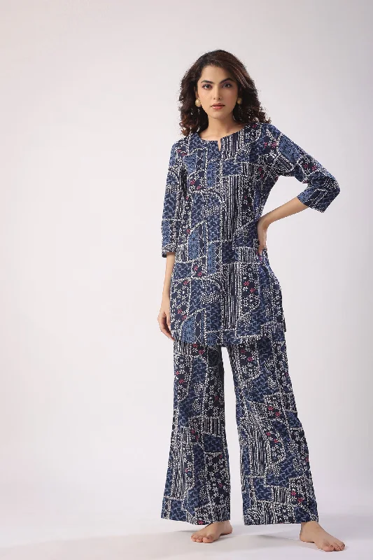 women's pajamas with a charming, vintage aestheticDoodle Art on Blue Palazzo Loungewear Set