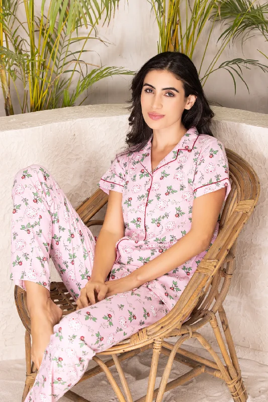 women's pajamas in solid colorsFloral Print Classic collar pj set