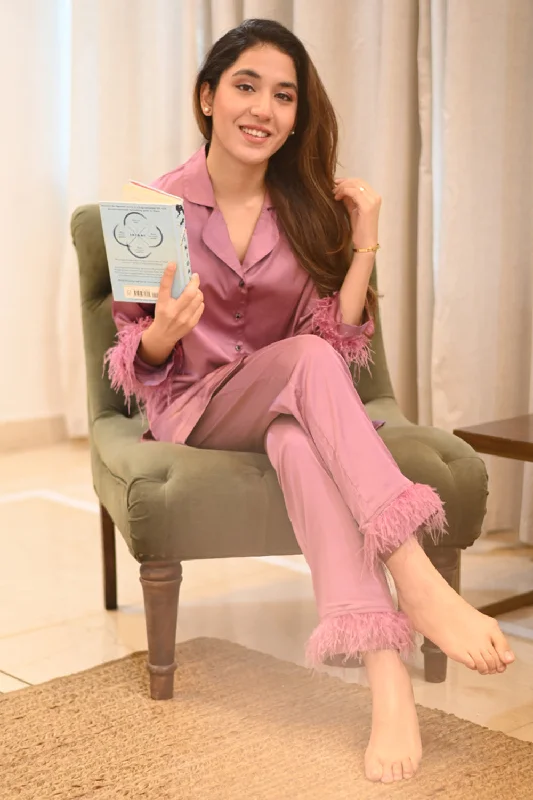 women's cotton pajama setsLavender Pj set in Satin with Fur detail