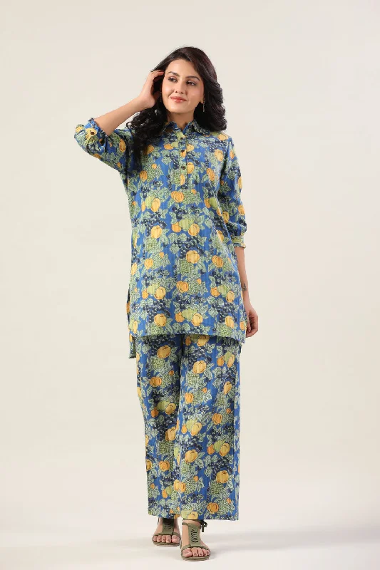 women's pajamas for those who love comfortLemonade on Blue Cotton Palazzo Loungewear Set