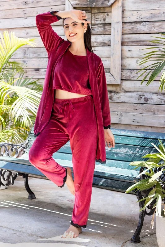 women's pajamas with breathable fabricMaroon Velvet Pj set with Robe