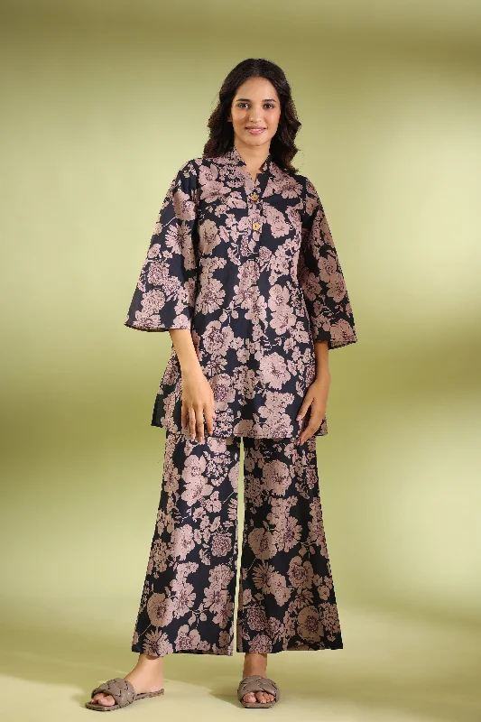 women's pajamas with a touch of eleganceNightingale Black Cotton Palazzo Loungewear Set