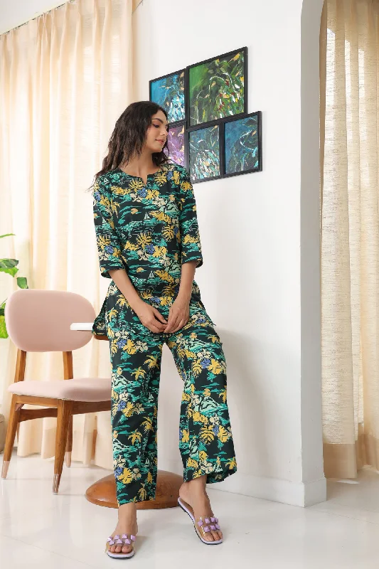 women's pajamas with built-in braPecan Pie Black Cotton Flex Palazzo Loungewear Set