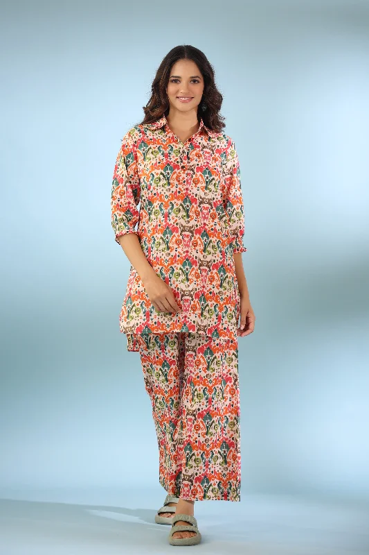 women's pajamas with a cozy, warm feelTraditional Ikat on Collared Cotton Palazzo Loungewear Set